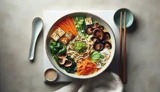 Image of Vegan Spicy Miso Ramen in a traditional Japanese bowl, featuring golden-brown shiitake mushrooms, tofu, julienned carrots, baby spinach, and green onions, topped with sesame seeds and cilantro, served on a clean table with natural lighting.