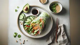 Vegan Asian salad wrap with cabbage, carrot, cucumber, peppers, cilantro, mint, and avocado in a rice paper wrapper, served with a tangy dipping sauce.