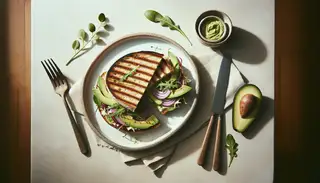 Minimalist vegan gourmet sandwich on sourdough, with avocado, red onion, sauerkraut, almond ricotta, and arugula, on a simple table setting.