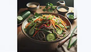 Image of a Vegan Soba Noodle Salad on a clean, minimalist table, featuring colorful vegetables and sesame seed garnish in a serene setting.