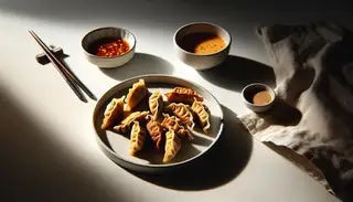 A minimalist table setting with crispy golden tofu and vegetable dumplings on an elegant plate, next to spicy dipping sauce, in natural light.