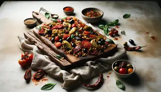 Vegan African confit charcuterie-style dish on a rustic board with millet, vegetables, and dressing on a linen-covered table under soft lighting.