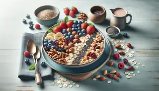 Vibrant plant-based breakfast spread with oats, nuts, chia seeds, and fresh berries in a clean, appealing presentation