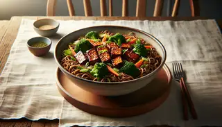 A bowl of Asian BBQ Tempeh with caramelized tempeh on buckwheat noodles, colorful veggies, and fresh garnishes, illuminated by natural light on a simple table.