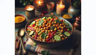 Generate an image of a rustic, warmly lit dinner table set with a large, colorful bowl of Chilled Millet Salad with Spiced Chickpeas. The salad should be vibrant and textured, showcasing the fluffy millet grains, crispy spiced chickpeas, diced red bell pepper, and cucumber mixed in. Sprigs of fresh coriander are scattered throughout, and the dish is drizzled with a sheen of lemon juice and olive oil. The dinner table should also feature a few other elements suggesting a cold weather - perhaps a lit candle, a cozy plaid tablecloth, or a steaming cup of herbal tea. The overall mood should be inviting and comforting, with the salad as the star of the scene, ready to be enjoyed.