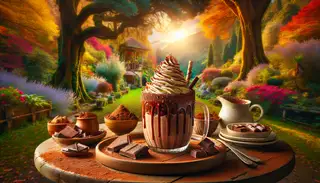 Picture a warm and inviting outdoor scene nestled in the heart of nature, with a vivid display of towering trees and blooming flowers. Centered in this picturesque environment is a beautifully laid table, showcasing a diverse array of delectable vegan delicacies. The centerpiece of the table is a heavenly, mouth-watering beverage, exuding an enticing aroma that fills the air. The drink, a captivating blend of almond milk, cocoa powder, and maple syrup, reveals a luscious, chocolatey color, emphasized by a light sprinkling of cocoa powder. A dollop of vegan whipped cream rests on its surface, surrounded by fine chocolate shavings. This vision paints a moment of indulgence in comfort within the mesmerizing tranquility of nature, inviting you to savor its creamy consistency and sweet aftertaste.