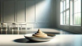 A serene, minimalist room with a clear table showcasing a modest-sized dish topped with creamy vegan BBQ sauce, inviting the viewer to taste the plant-based culinary masterpiece.