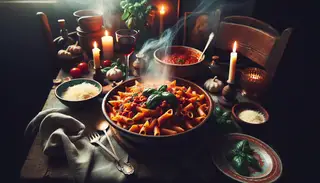 Visualize an intimate, cozy dinner table, illuminated gently by the flicker of candlelight. The table's focus is a sizeable dish brimming with Vegan Italian Pasta Arrabiata. The pasta, cooked to perfection, is glossed over by a thick, red sauce derived from pulverized tomatoes, garlic, and a sprinkle of chili flakes. A lavish amount of fresh basil leaves are strewn across, offering a vibrant green counterpoint. Offset to the side is an authentic bowl of homemade vegan parmesan cheese, set for sprinkling. From the pasta, a steam wafts upwards, creating a soothing ambiance for a chilly evening. Rustic, Italian-style dinnerware and silverware set the table, with a glass of red wine positioned next to the plate to elevate the Italian culinary experience.