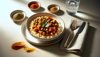 Elegant white bowl of vegan African-inspired stew with millet, sweet potatoes, and chickpeas, garnished with coriander. Silverware and water glass complement the setting.