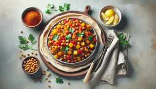 Vibrant Vegan African feast with injera and vegetable stew, accented by a bowl of lemon wedges on a minimalist table.