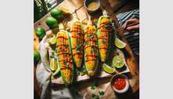 Image of flame-grilled vegan Asian BBQ corn with sriracha-mayo, cilantro, and sesame seeds on a wooden table, accented with lime segments in natural daylight.
