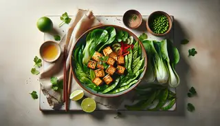 Gourmet vegan meal featuring golden miso-marinated tofu, baby bok choy, snow peas, and red bell peppers, garnished with sesame seeds, cilantro, and lime wedges on a minimalist table.