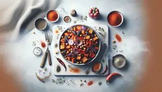 A serene image showcasing a vibrant vegan side dish of smoked sweet potatoes, chickpeas, bell peppers, and onions, seasoned with paprika and cumin, set on a minimalist table, evoking warmth and comfort.