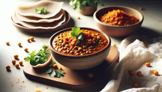 Vegan Ethiopian lentil stew in an elegant bowl, garnished with cilantro, beside fresh injera on a minimalist table in natural light.