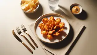 Create an image showcasing an appetizer with African culinary influences. The dish should have a golden brown color symbolizing its crispy texture. It should be positioned on a clean, minimalist table, letting the dish take center stage. The table setting should be simple and not overloaded with accessories or excess tableware. The image should focus solely on the appetizer itself, without any text or human figures.