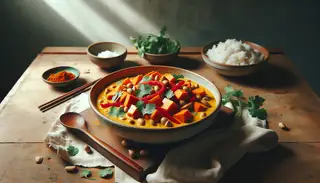 Vegan Sweet Potato Coconut Curry in a minimalist setting, featuring vibrant veggies and fresh cilantro on a wooden table, illuminated by natural light.