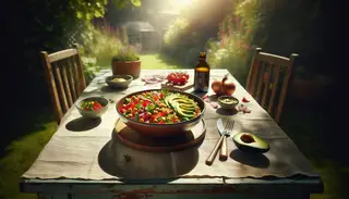 Sunlit picnic with a vegan quinoa and chickpea bowl, garnished with peppers, onion, parsley, avocado, and vegan butter, on a rustic table, no people.