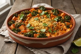 Smoky fonio and harissa root casserole with sweet potatoes and chickpeas in a rustic terracotta dish, garnished with pumpkin seeds and cilantro.