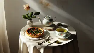 Vegan savory high tea tart on a white plate, with green tea in a floral cup, and a single bloom in a vase, all set on a linen-covered table in natural light.