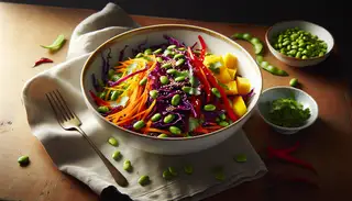 Vibrant Asian-inspired salad in a white bowl on a wooden table, featuring colorful vegetables, mango, cilantro, and sesame seeds, with natural lighting.