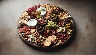 Rustic wooden platter with vegan charcuterie including cashew mozzarella, seitan salami, artichokes, grapes, and drizzled with balsamic glaze.