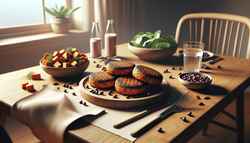 A mouthwatering display of vegan sweet potato and black bean burgers on a minimalist dinner table setting, showcasing their chewy and delicious textures.
