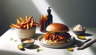 Minimalistic dinner setting with a vegan pulled jackfruit sandwich on a plate, open bun revealing filling, side of coleslaw, pickles, and sweet potato fries, in natural light.