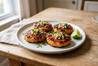 Charred Coconut Cassava Cakes with Berbere Tamarind Glaze Golden seared cassava cakes with a dark red glaze, topped with crushed peanuts and cilantro on a simple plate with a lime wedge.
