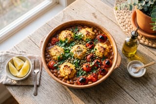 A terracotta dish of baked pinto beans and masa dumplings topped with fresh herbs and seeds on a rustic wooden table in bright sunlight.