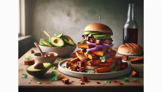 Vegan barbecue feast with roasted sweet potato and smoky jackfruit on a plate, garnished with red onion, avocado, and cilantro, beside a fluffy vegan bun, on a simple elegant table.