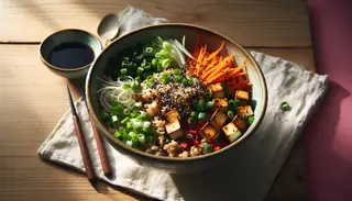 Vegan Asian-inspired breakfast bowl with brown rice, tofu, vegetables, and sesame seeds on a wooden table, illuminated by natural light.