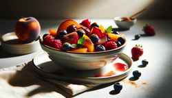 Vibrant vegan dessert of macerated berries and peaches in syrup, dusted with spices and mint, in a minimalist setting with soft lighting.