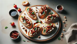 Elegant minimalist table setting featuring vegan bruschetta with white bean spread, sun-dried tomatoes, fresh basil, and a drizzle of balsamic glaze on a neutral background.