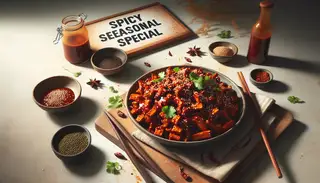 A vibrant vegan BBQ dish with shredded jackfruit in spicy hoisin sauce, sprinkled with sesame seeds and cilantro, on a clean table in bright lighting.