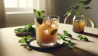 Serene table setting featuring a Vegan Umami Drink in a tall glass with ice and mint leaves, on a minimalist light wood or white table.