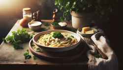 Vegan Carbonara pasta dish garnished with fresh parsley on a rustic table, inviting warmth and Italian comfort food vibes