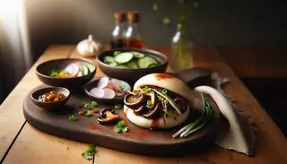 Open vegan umami bao bun filled with glistening shiitake mushrooms and garnished with green onions, beside a bowl of colorful pickled vegetables.