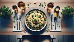 A visually enticing umami dinner: a delicious vegan risotto, creamy and savory, adorned with fresh parsley. A minimalistic table setting creates a welcoming atmosphere for a novel dining experience.