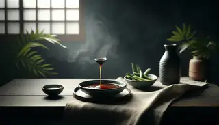 An artfully arranged Mellow Sauce dish on a minimalist table, showcasing Asian-inspired flavors in a serene, inviting setting.