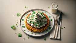 Image of a vegan chickpea pancake topped with airy vegan foam and fresh cilantro on a white plate, minimalistic table setting.