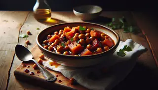 Image of caramelized sweet potato and chickpea stew in an earth-toned bowl, with golden-brown onions, orange sweet potatoes, and dark chickpeas, garnished with green cilantro on a rustic wooden table.