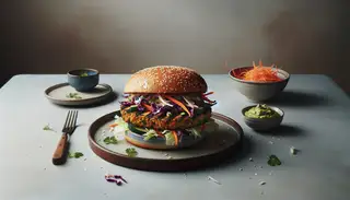 Gourmet Asian fusion burger with tempeh-miso patty, colorful slaw, wasabi mayo, on sesame-seed bun, on a minimalist table setting.