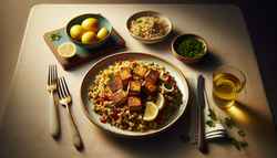 Elegant dinner table with seared spiced tofu on millet pilaf, lemon wedges in a bowl, minimalist setting, and warm, inviting lighting.