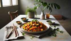 Image of a tranquil dining setting with Vegan Spicy Tempeh Fried Rice on a white plate, featuring golden rice with tempeh, colorful bell peppers, carrots, and topped with green herbs, beside simple dining utensils, in a serene, warmly lit environment.