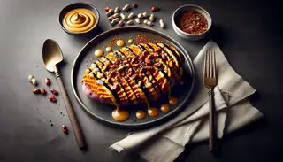 A vibrant and textured sweet potato mash with spicy peanut sauce, elegantly displayed on a modern dining table setting.