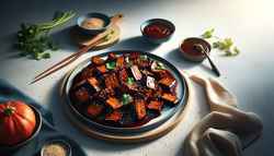 Image of smoky hoisin jackfruit BBQ on a minimalist wooden table, featuring vibrant textures, a bowl of glossy hoisin sauce, sesame seeds, and cilantro, bathed in natural light.