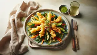 Colorful and crispy vegetable tempura bites on a simple, elegant table setting, showcasing a vegan finger food alternative.