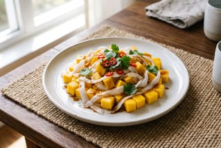 Diced mango and young coconut ribbons on a white plate, garnished with red chili and coriander on a rustic wooden surface.