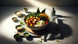 Minimalist Asian-inspired vegan dinner setting with crispy tofu on Jasmine rice, sautéed greens, red bell pepper, and vibrant garnishes, under soft lighting.