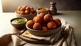 Golden, crispy Vegan African Spiced Potato Balls arranged on a rustic board, accompanied by a bright green sauce, under warm lighting.
